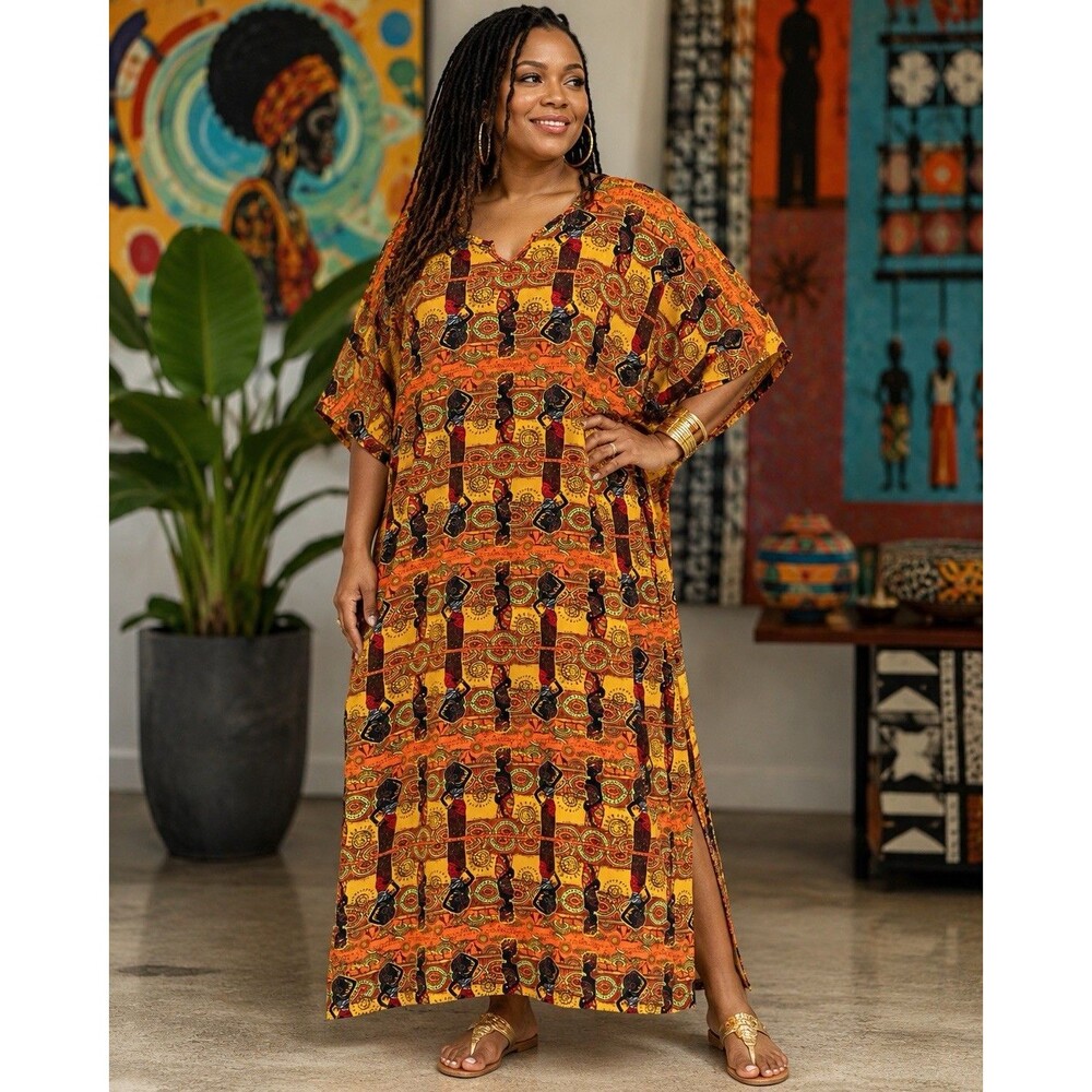 African Print Kaftan Maxi Dress One Size Plus V Neck Batwing Orange